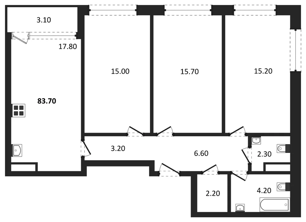 Планировка: 3-комн., 83,7 м²