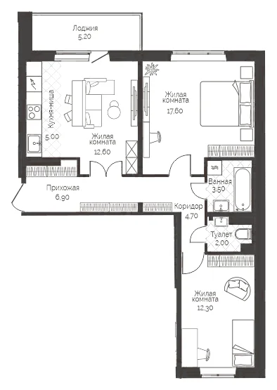 Планировка: 2-комн., 67,2 м²
