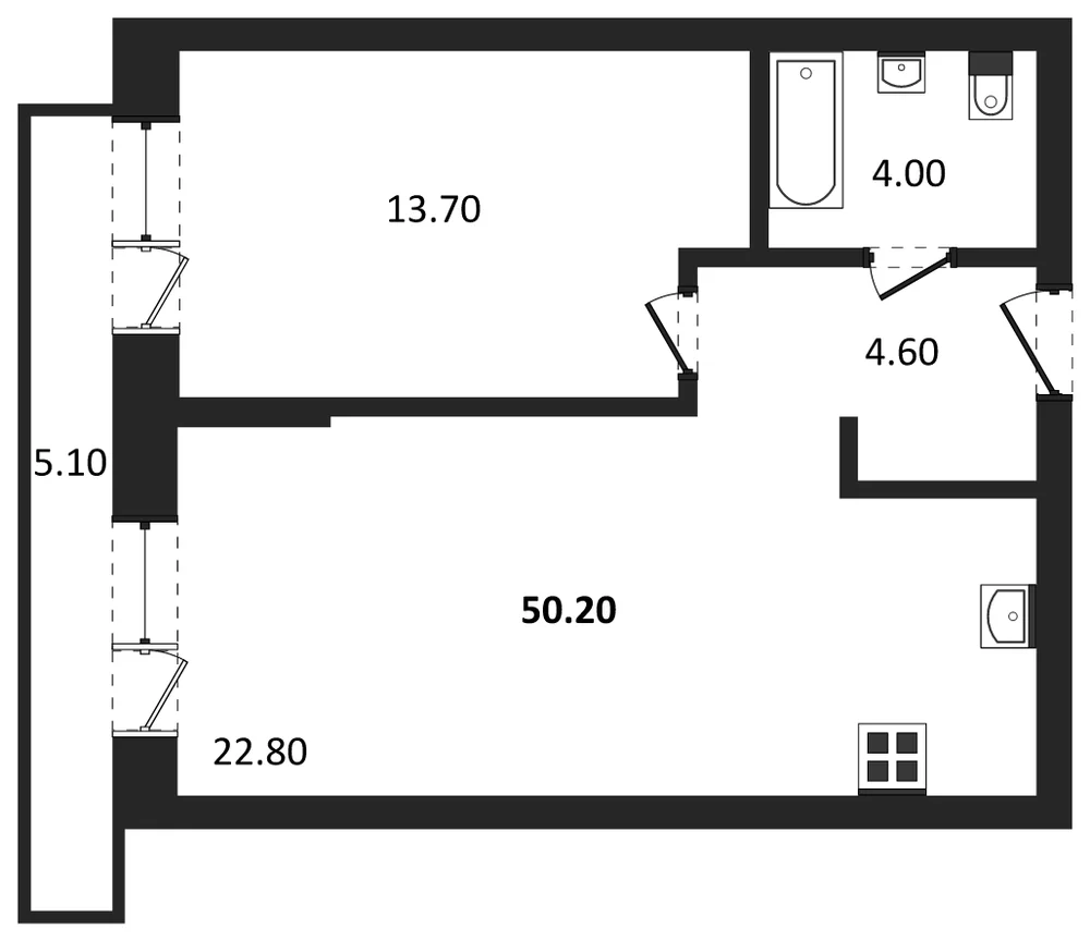 Планировка: 1-комн., 46,6 м²