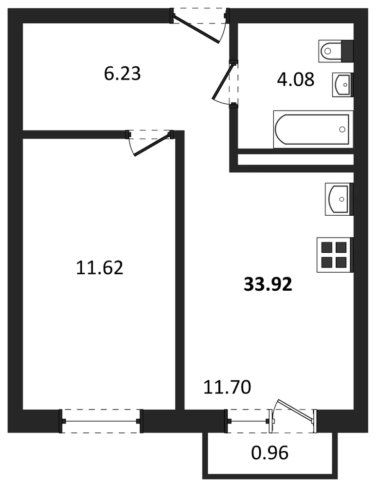 Планировка: 1-комн., 33,9 м²