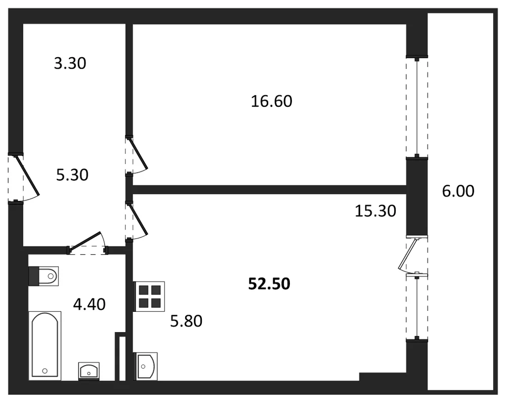 Планировка: 1-комн., 52,5 м²