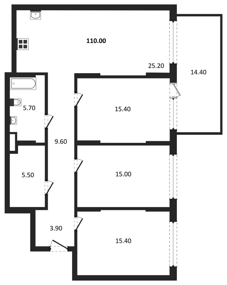 Планировка: 3-комн., 110 м²