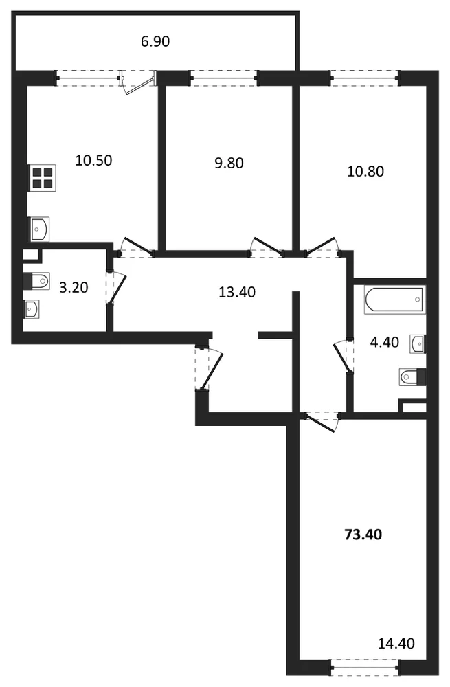 Планировка: 3-комн., 73,4 м²