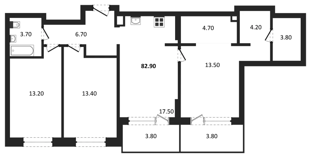 Планировка: 3-комн., 82,9 м²