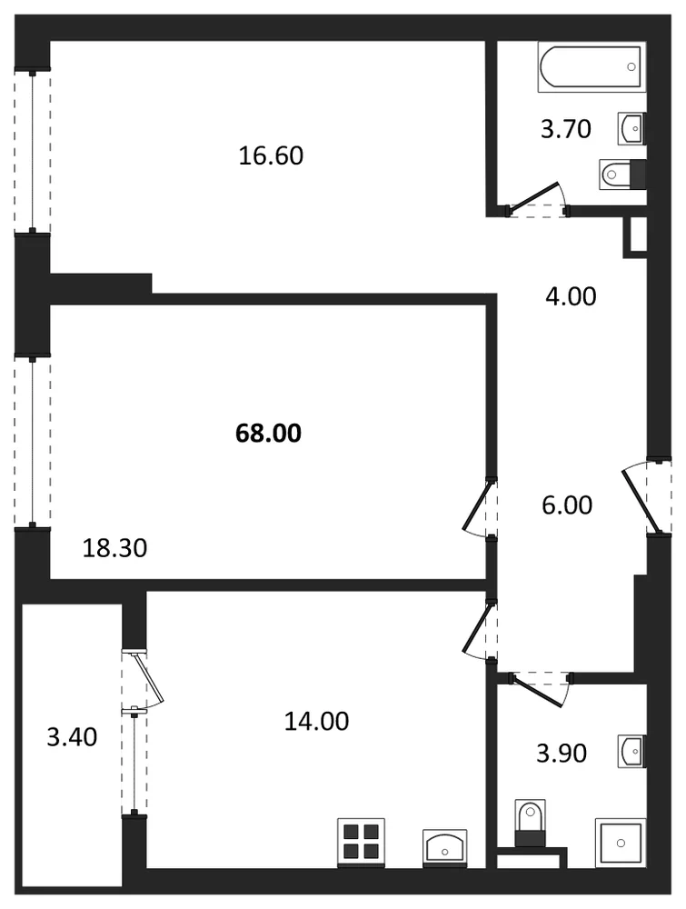 Планировка: 2-комн., 68,2 м²