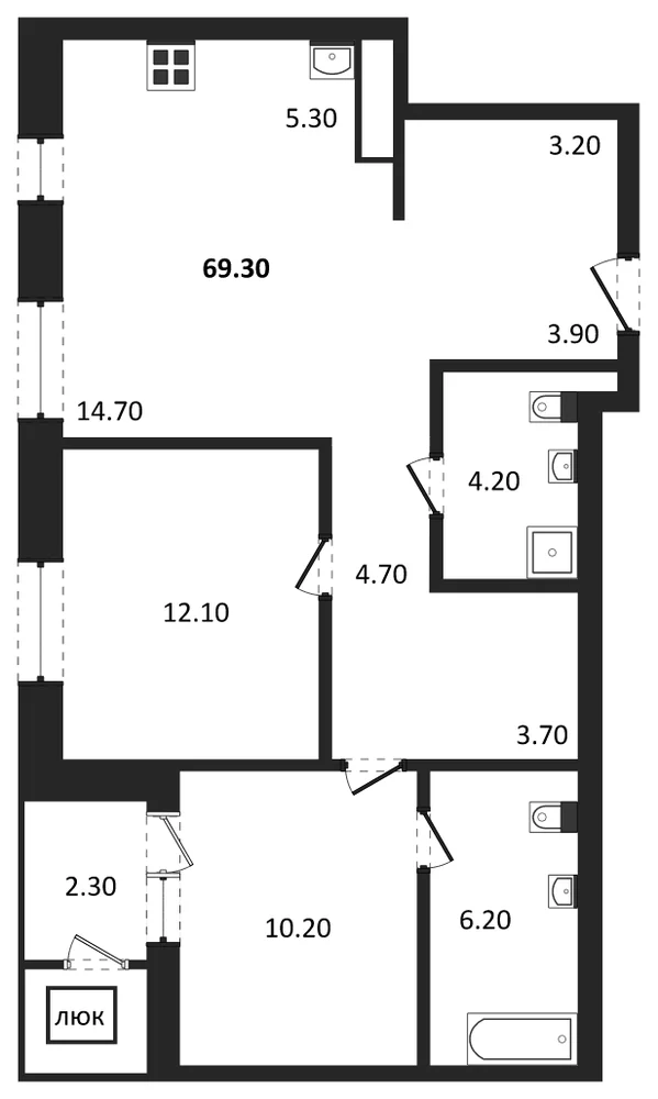 Планировка: 3-комн., 69,3 м²