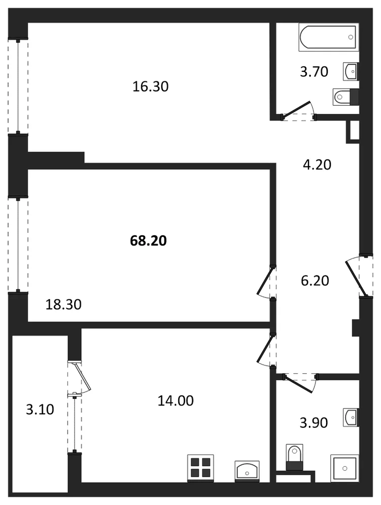 Планировка: 2-комн., 68,2 м²