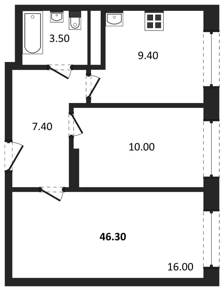 Планировка: 2-комн., 46,3 м²