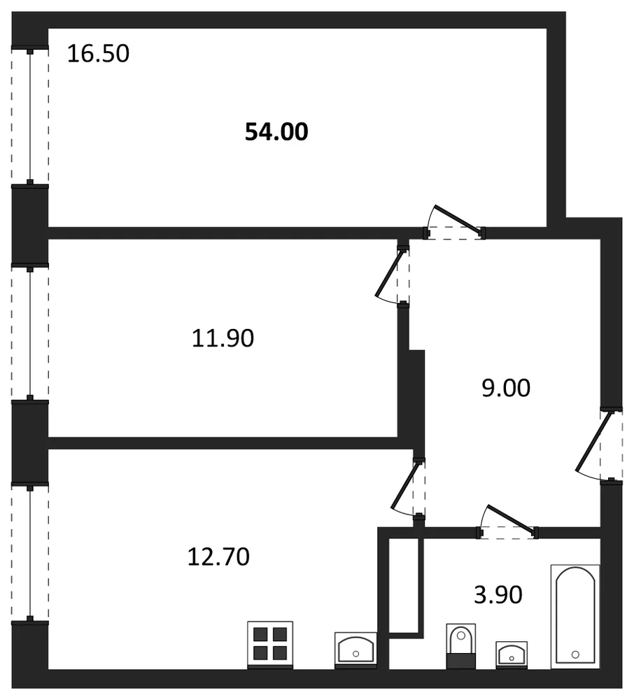 Планировка: 2-комн., 54 м²