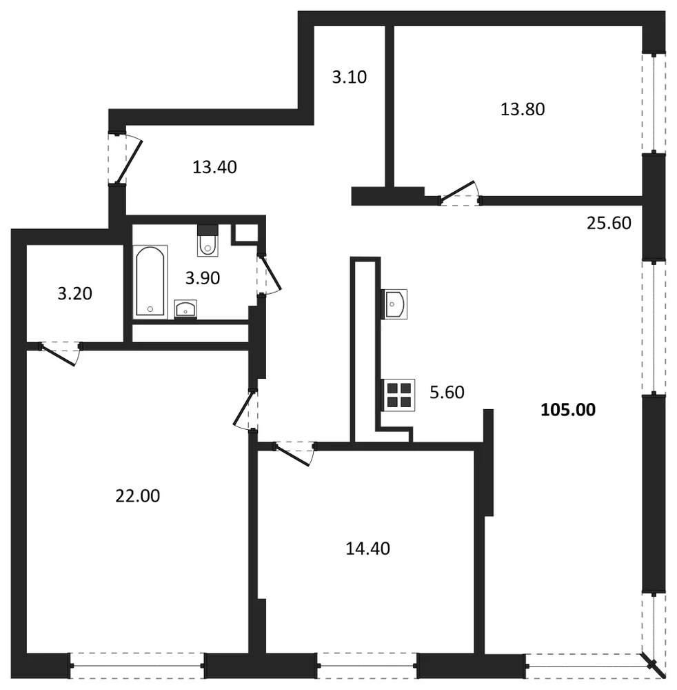 Планировка: 3-комн., 105 м²