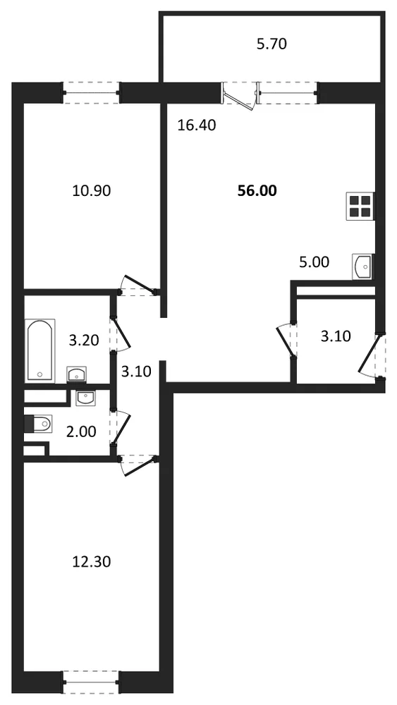 Планировка: 2-комн., 55,9 м²