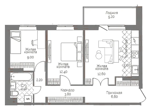 Планировка: 2-комн., 58,5 м²