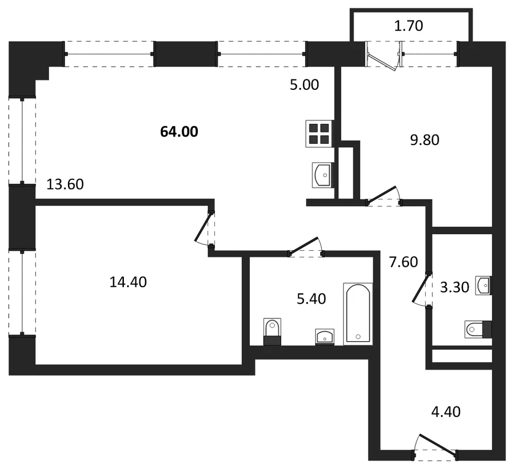 Планировка: 3-комн., 64 м²