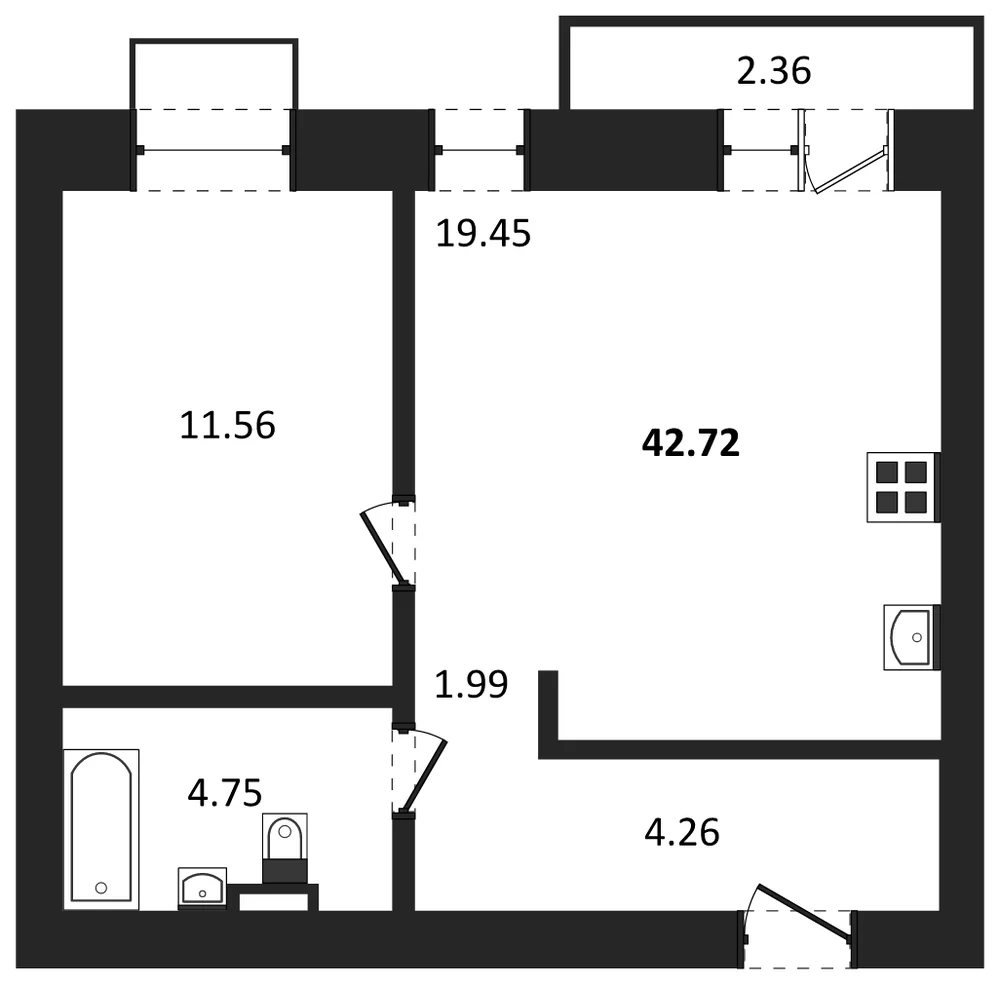 Планировка: 1-комн., 42,7 м²