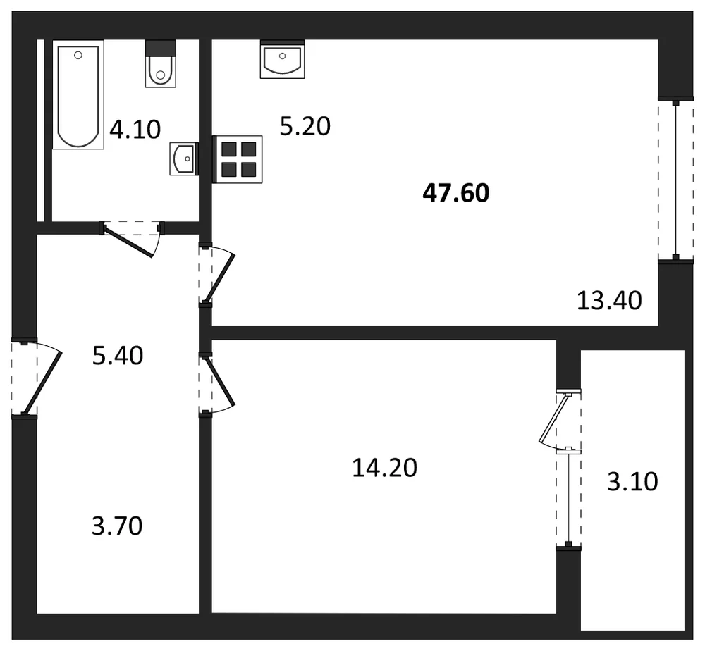 Планировка: 1-комн., 47,6 м²