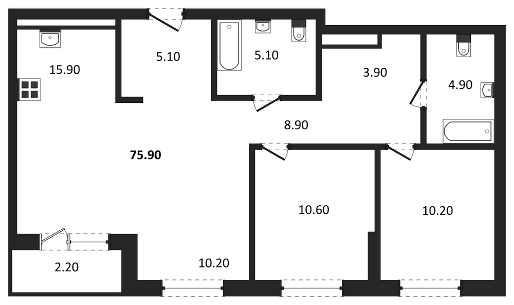 Планировка: 3-комн., 75,9 м²