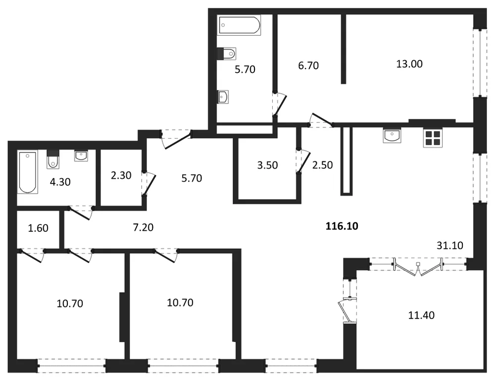Планировка: 3-комн., 116,1 м²