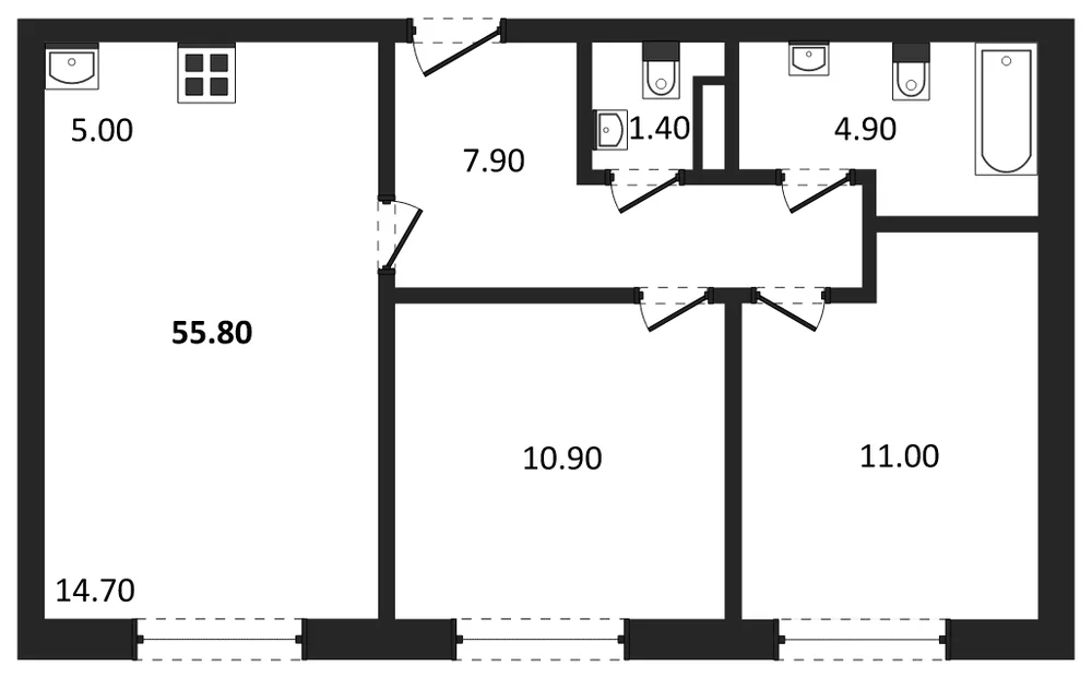 Планировка: 2-комн., 55,8 м²