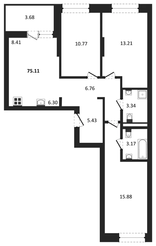Планировка: 3-комн., 75,1 м²