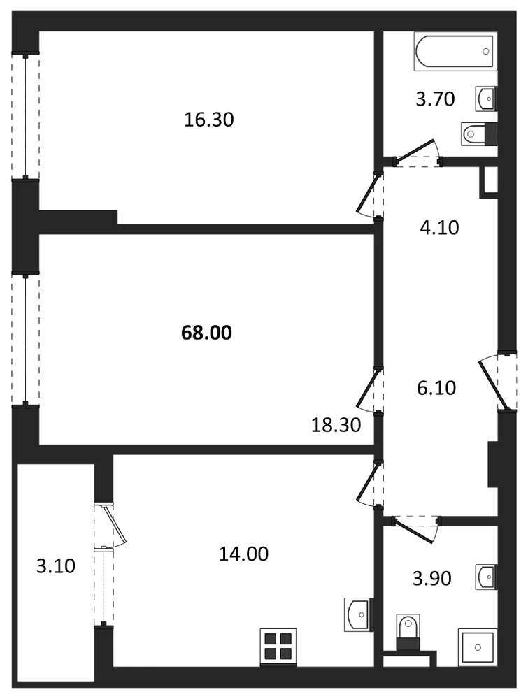 Планировка: 2-комн., 68 м²