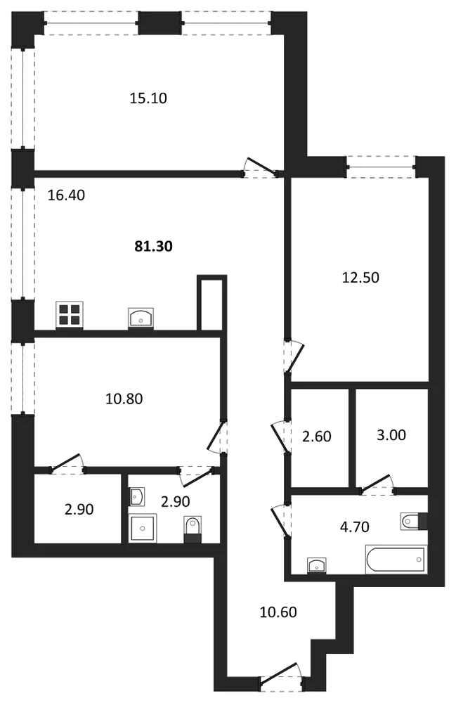 Планировка: 3-комн., 81,3 м²