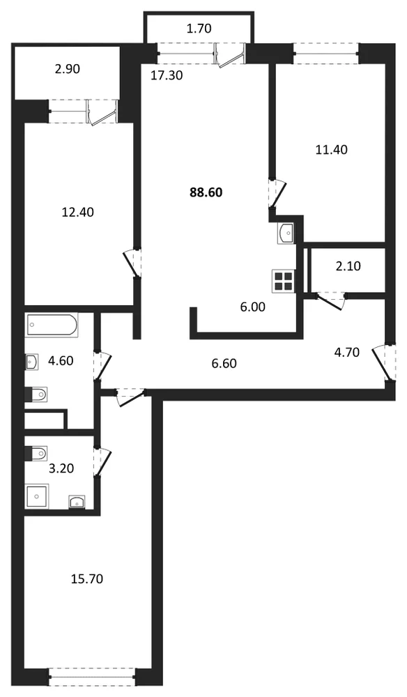 Планировка: 3-комн., 88,6 м²