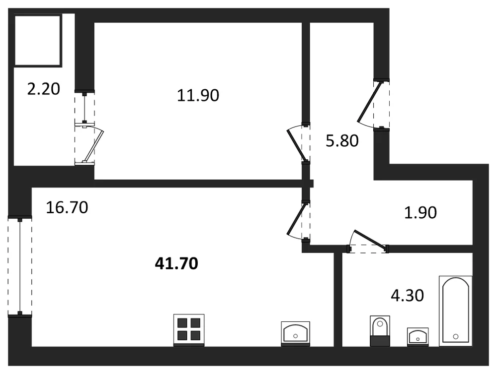 Планировка: 1-комн., 41,7 м²