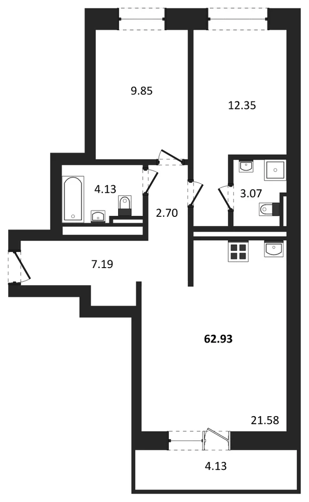 Планировка: 2-комн., 62,9 м²
