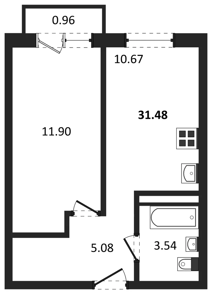 Планировка: 1-комн., 31,5 м²