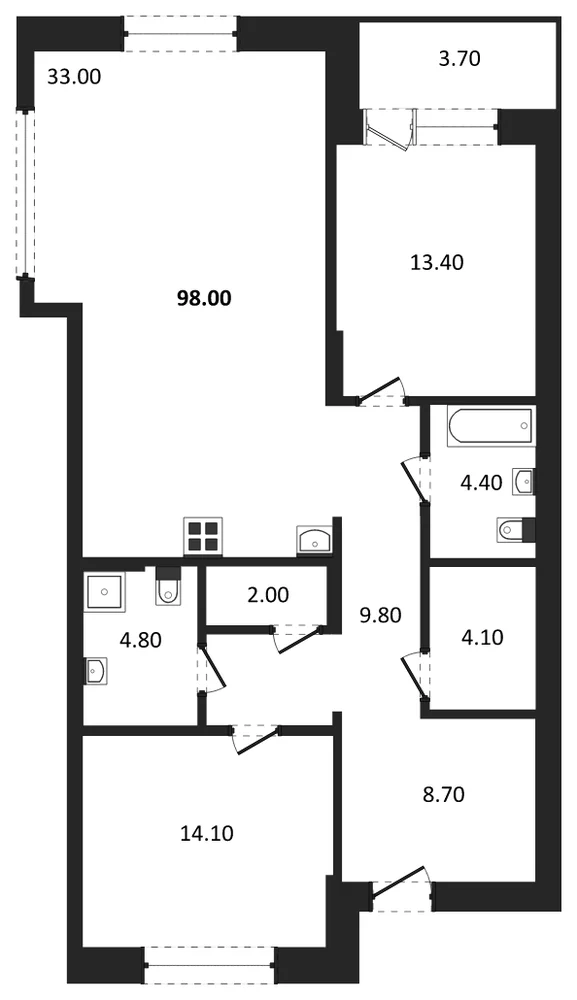 Планировка: 2-комн., 98 м²