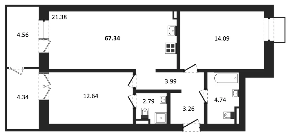 Планировка: 2-комн., 67,3 м²