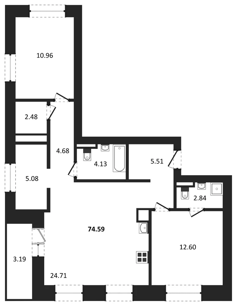 Планировка: 2-комн., 74,6 м²