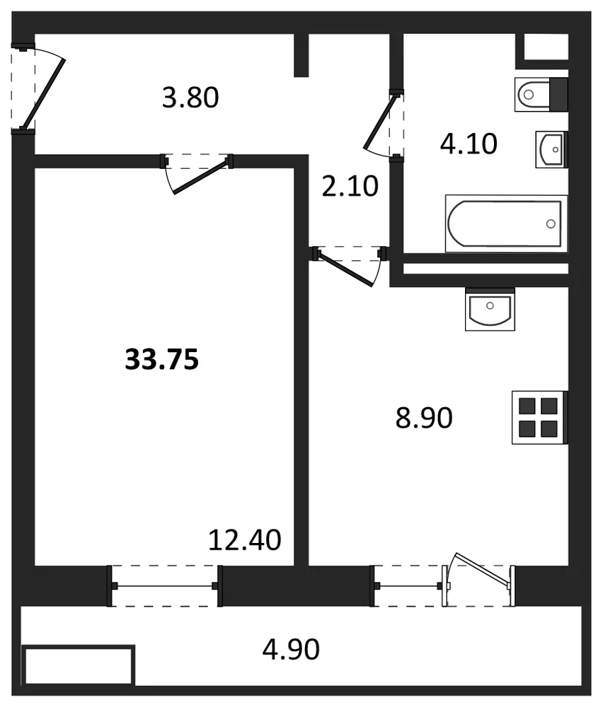 Планировка: 1-комн., 33,8 м²