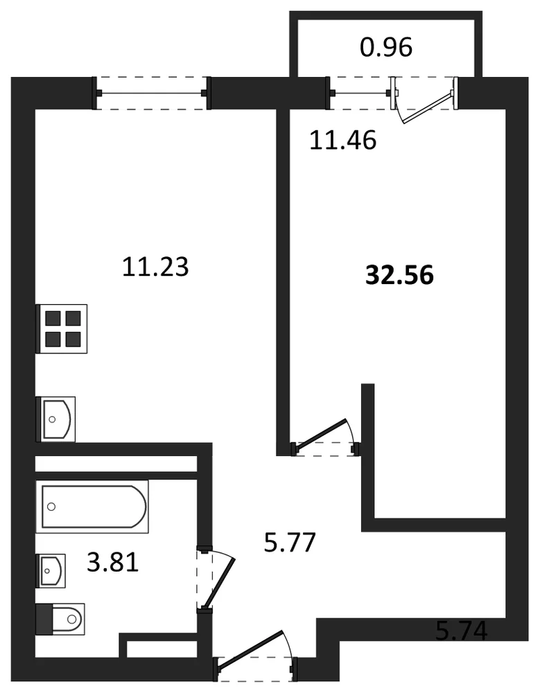 Планировка: 1-комн., 32,6 м²