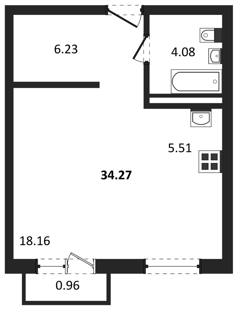 Планировка: Студия, 34,3 м²