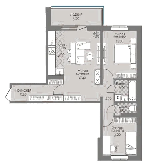 Планировка: 2-комн., 58,6 м²