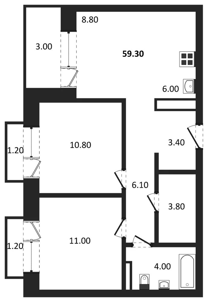 Планировка: 2-комн., 59,3 м²