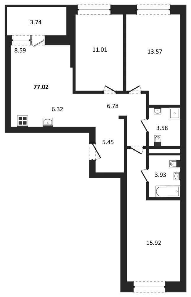 Планировка: 3-комн., 77 м²