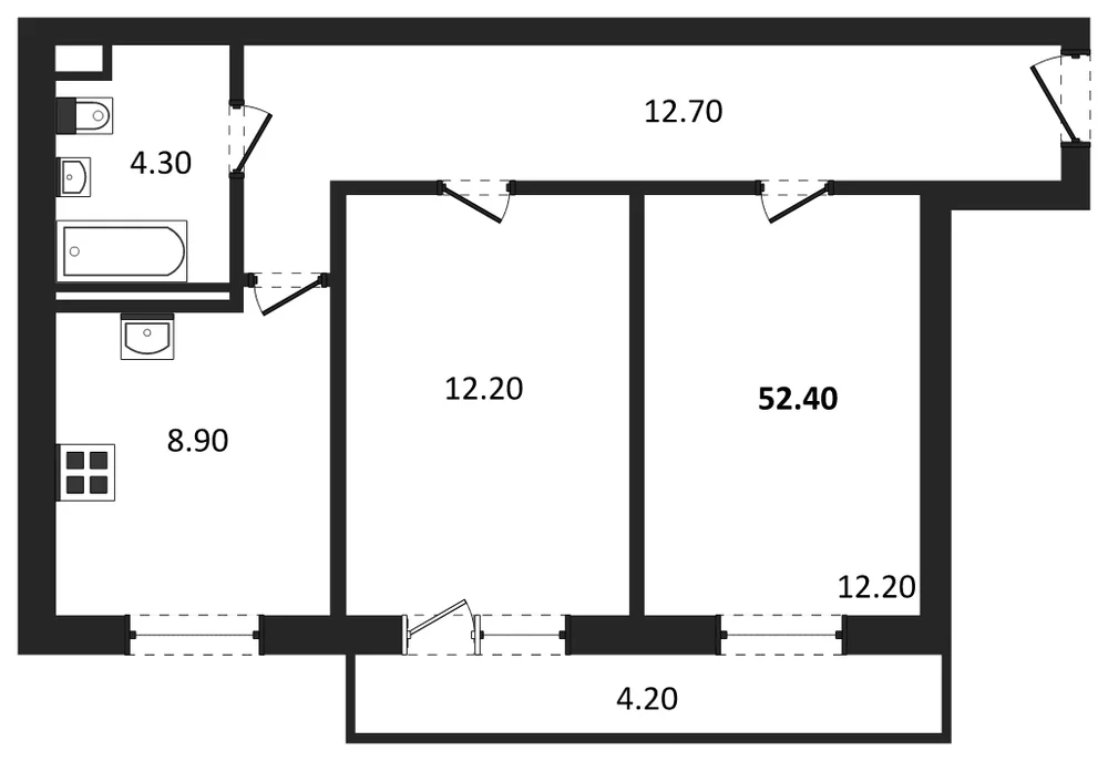 Планировка: 2-комн., 52,4 м²