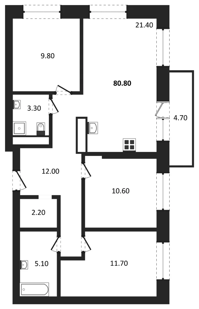 Планировка: 3-комн., 77,5 м²