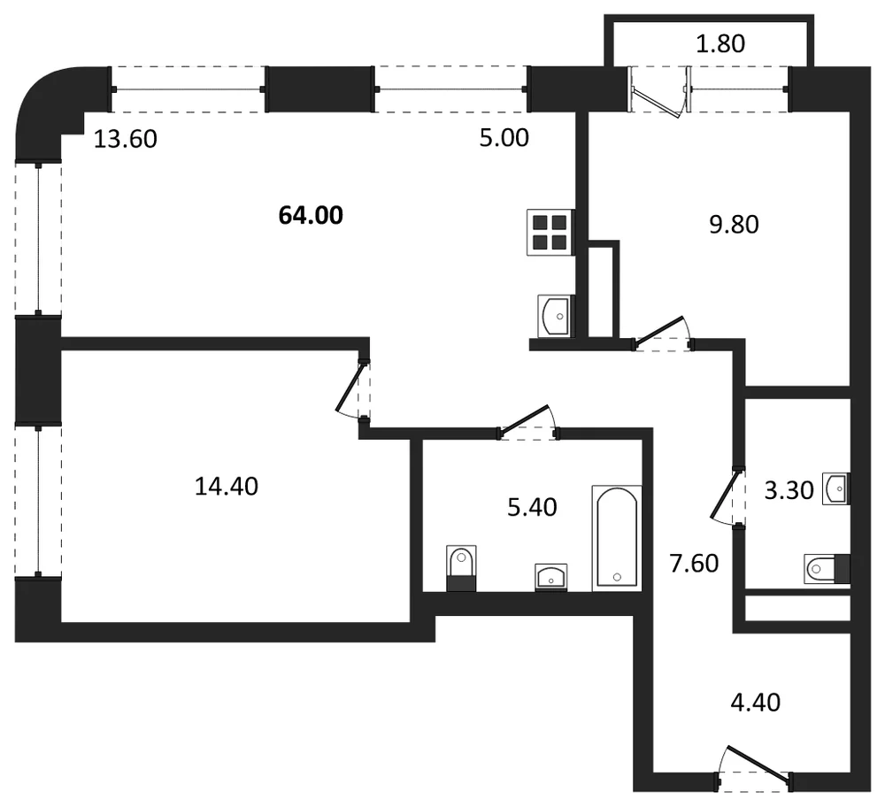 Планировка: 3-комн., 64 м²