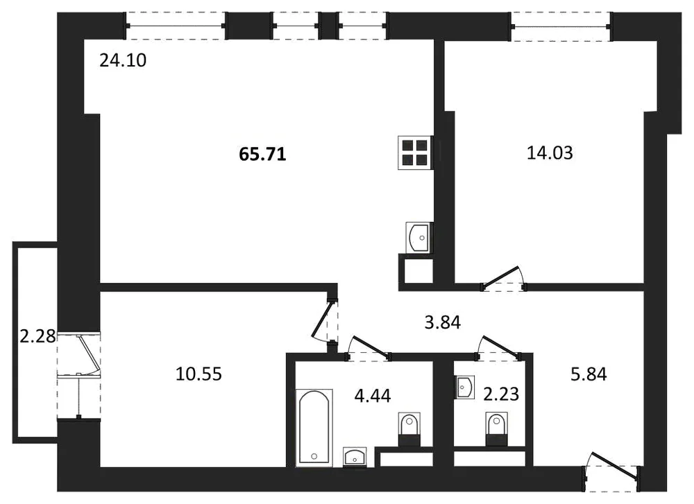 Планировка: 2-комн., 65,7 м²