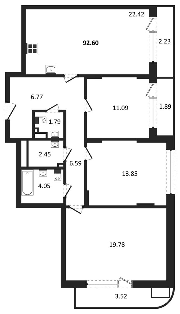 Планировка: 3-комн., 92,6 м²