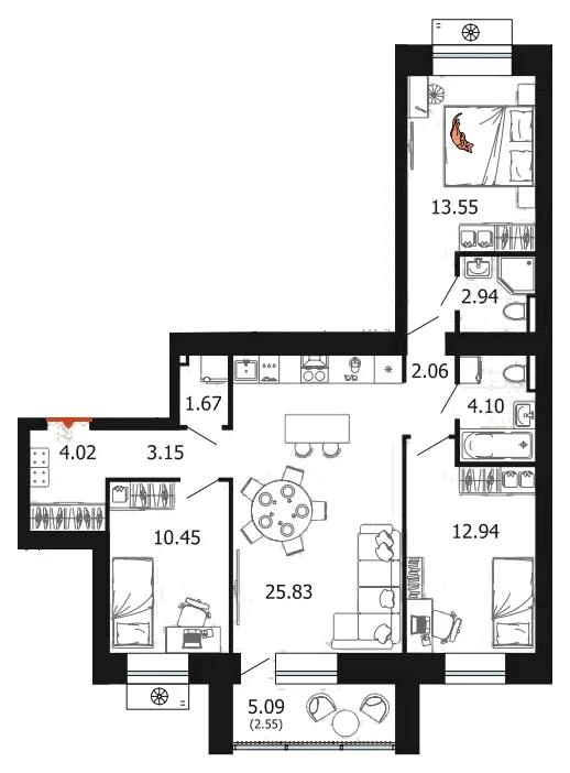 Планировка: 3-комн., 83,3 м²