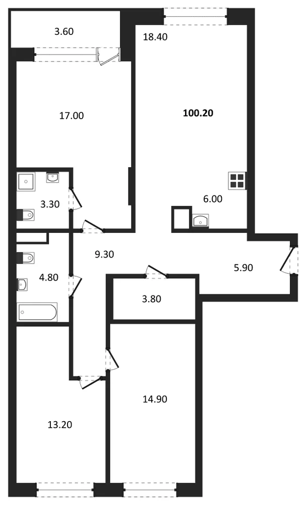Планировка: 3-комн., 100,2 м²