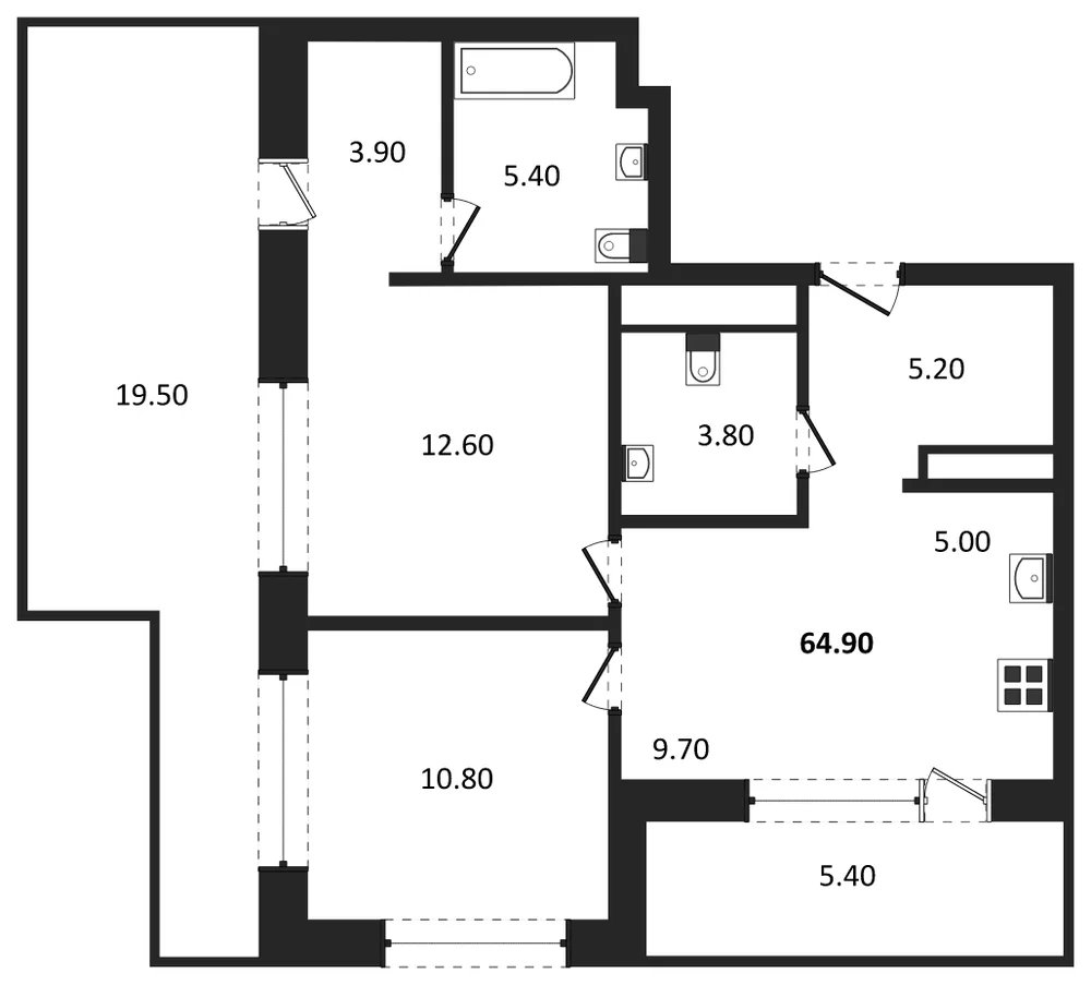 Планировка: 2-комн., 64,9 м²