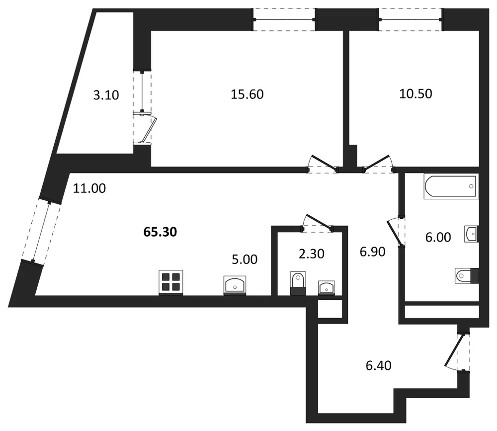 Планировка: 3-комн., 65,3 м²