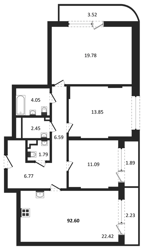 Планировка: 3-комн., 92,6 м²
