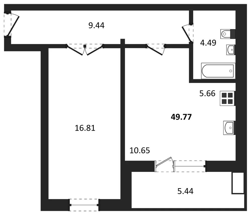 Планировка: 1-комн., 46,3 м²