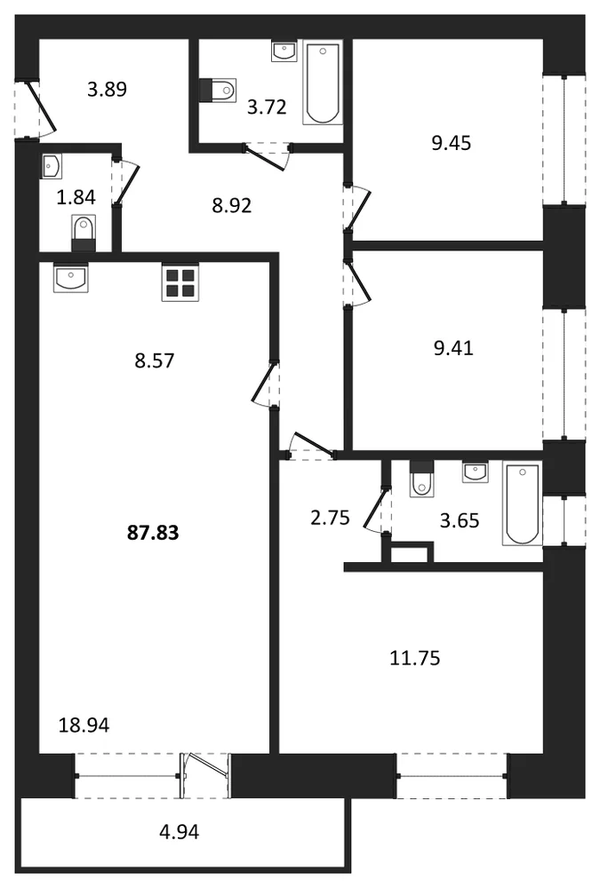 Планировка: 3-комн., 87,8 м²